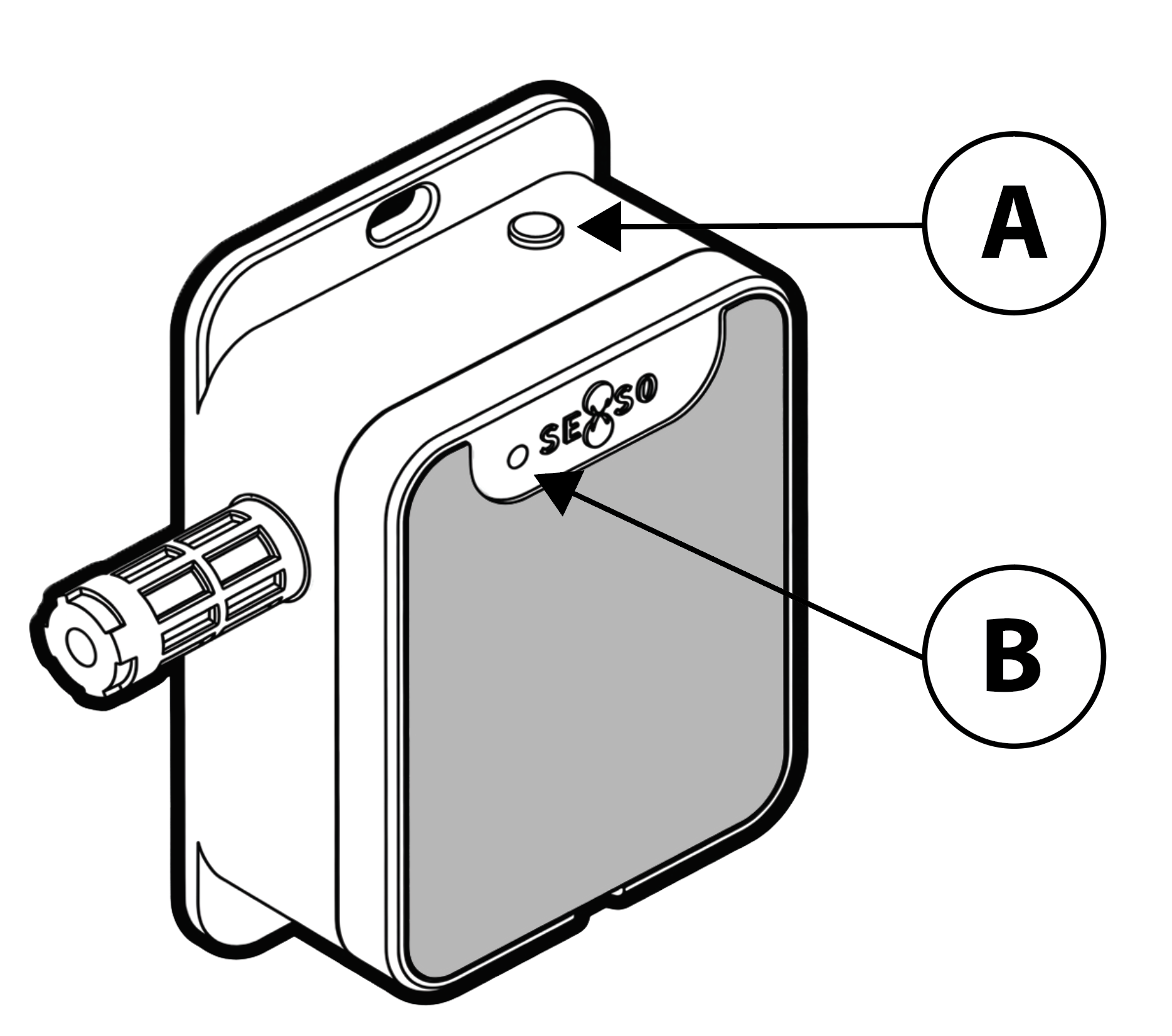 Sensor diagram showing the power button A and status light B