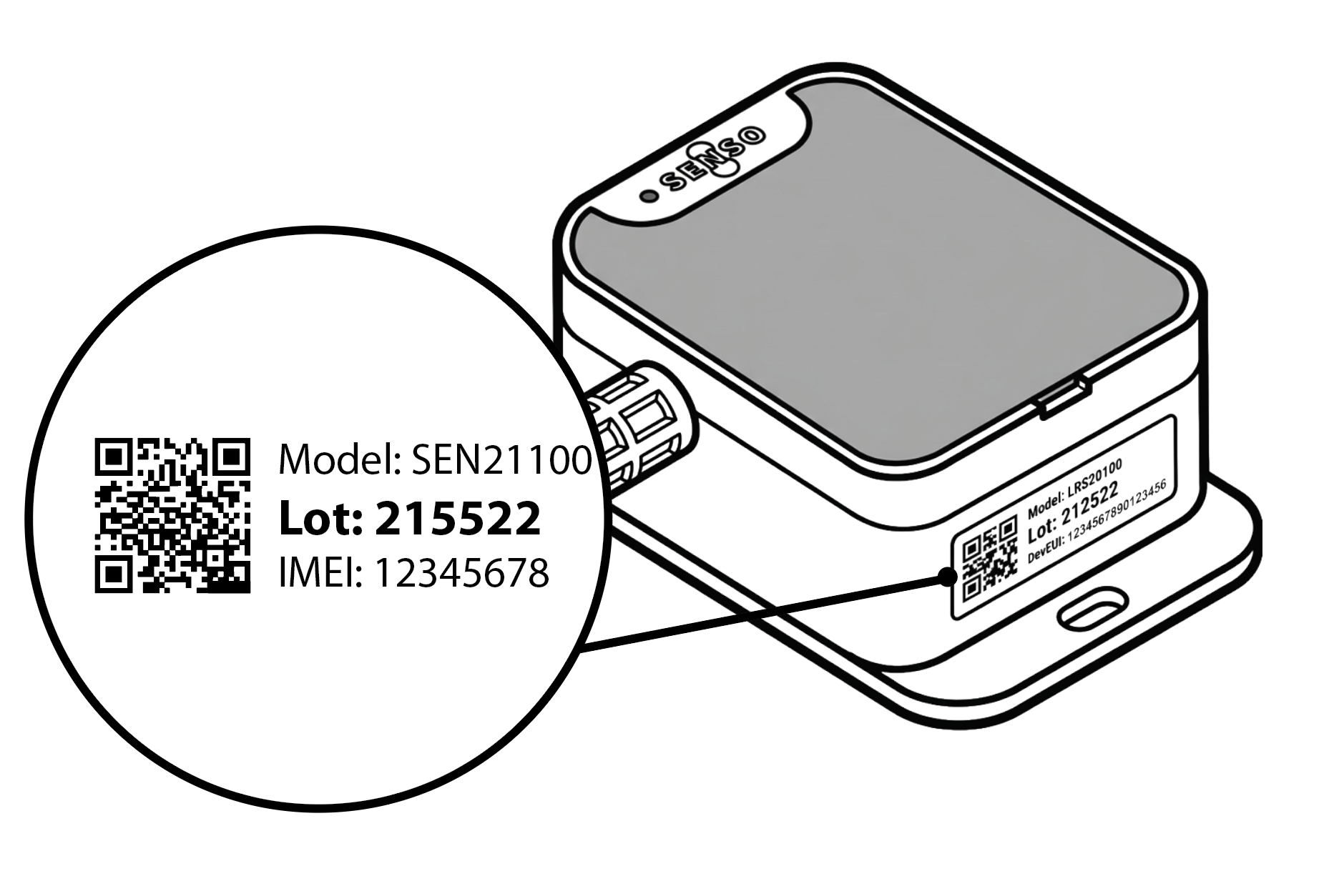 Illustration showing where to find the IMEI label on the WSMART sensor
